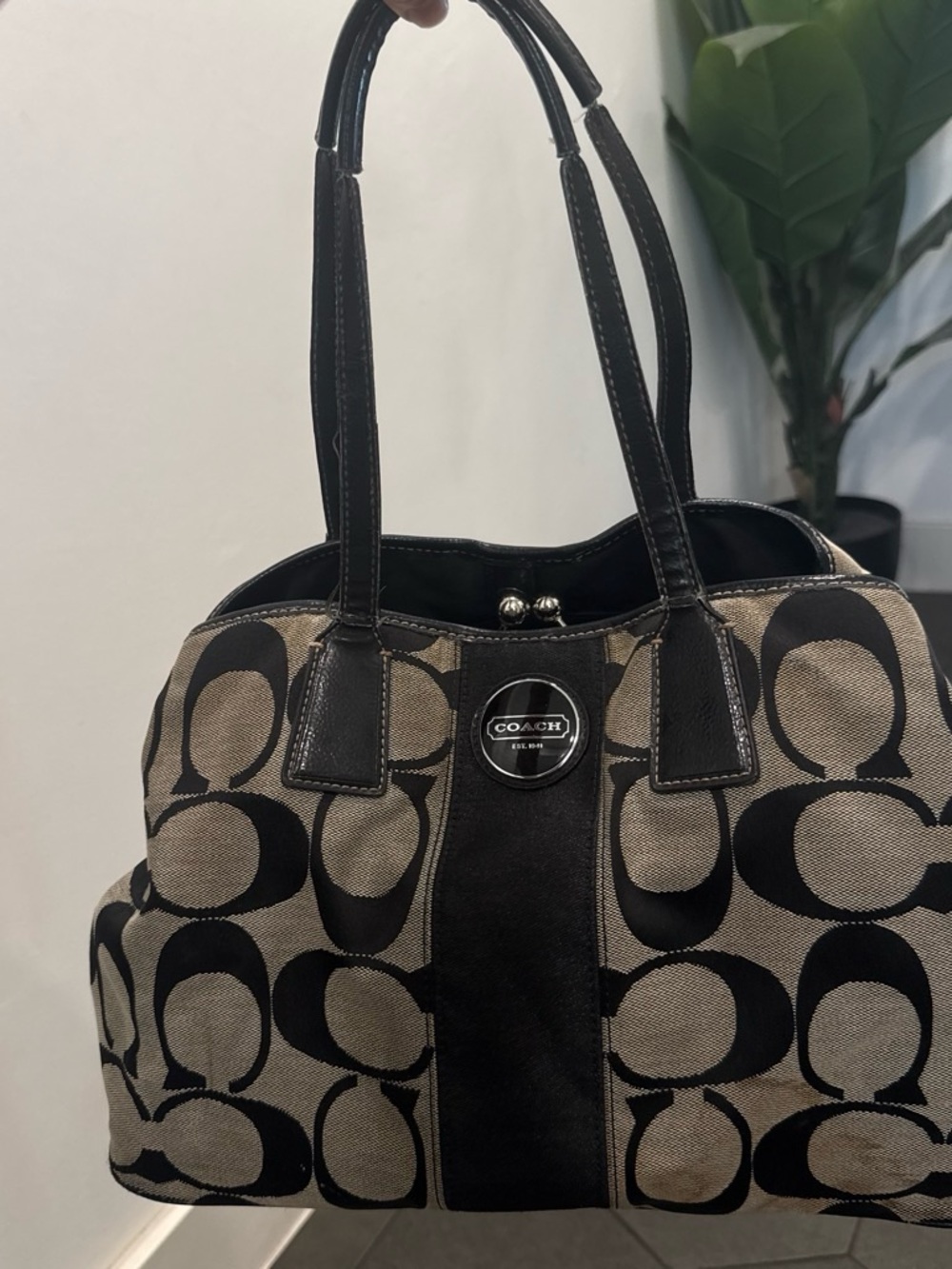 Coach Black and Khaki Signature Shoulder Bag
